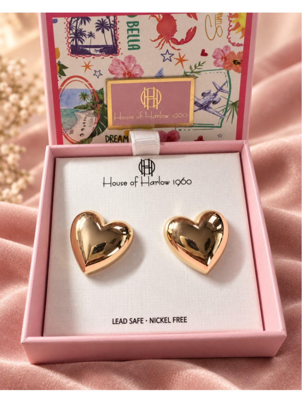 House of Harlow 1960 Gold Puffy Heart Stud Earrings New in Box